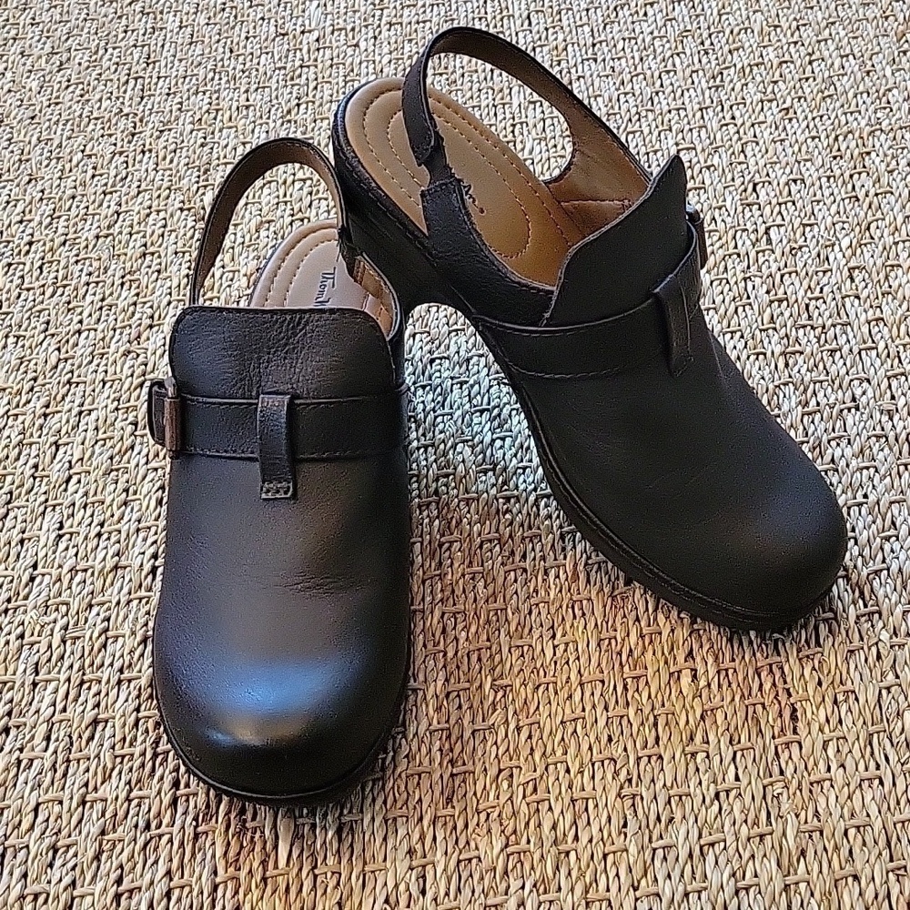 THOM MCAN brown leather clogs with back strap. Buckle accent. Size 8.